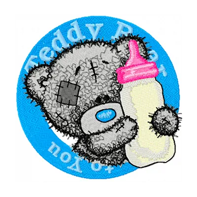 Teddy bear badge embroidery design featuring a cute bear holding a bottle of milk, perfect for baby items.