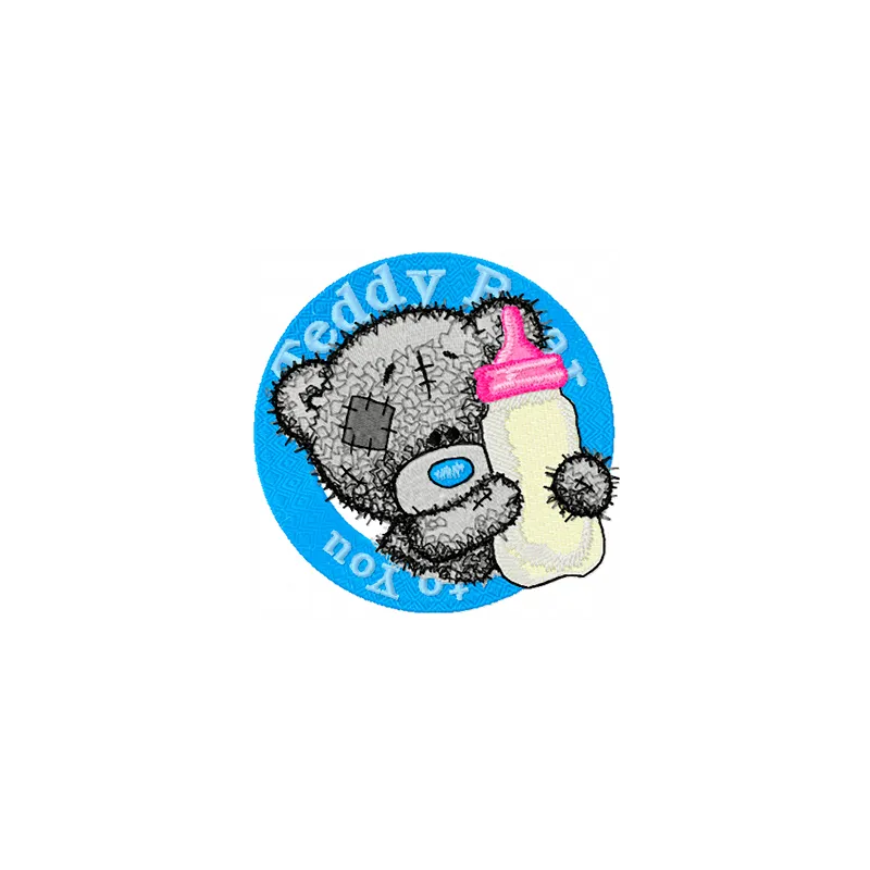 Teddy bear badge embroidery design featuring a cute bear holding a bottle of milk, perfect for baby items.