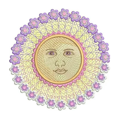 Sun embroidery design showcasing a vibrant sun motif, perfect for embellishing t-shirts, bags, and more.