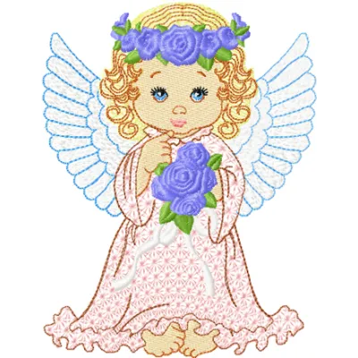 Angel with flowers embroidery design, showcasing a delicate motif perfect for embellishing tote bags and t-shirts.