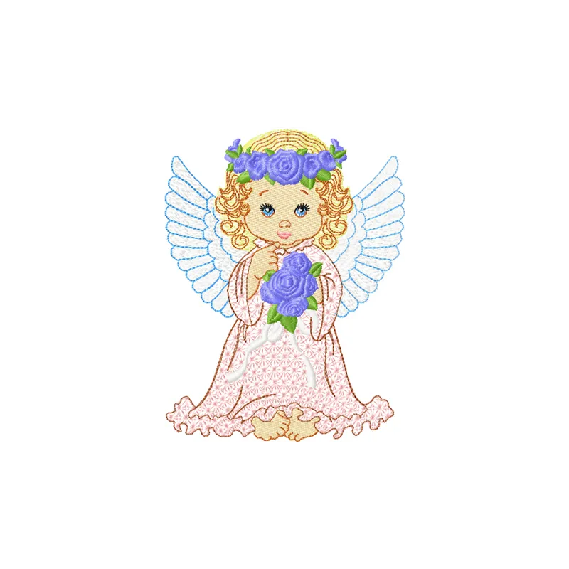 Angel with flowers embroidery design, showcasing a delicate motif perfect for embellishing tote bags and t-shirts.