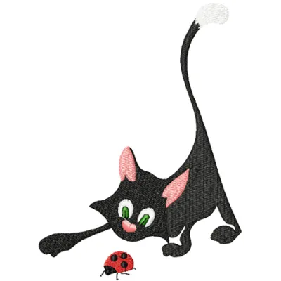 Preview of a whimsical cat and ladybug embroidery design, showcasing a playful stitching pattern for your projects.
