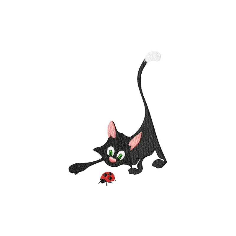 Preview of a whimsical cat and ladybug embroidery design, showcasing a playful stitching pattern for your projects.