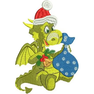 Christmas Dragon embroidery design featuring a whimsical dragon in festive attire, perfect for holiday projects.