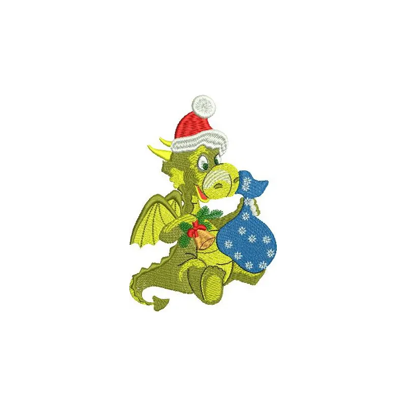 Christmas Dragon embroidery design featuring a whimsical dragon in festive attire, perfect for holiday projects.