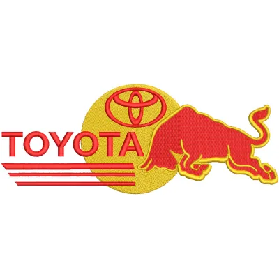 Embroidery design preview of a Toyota Red Bull logo pattern featuring detailed stitching and vibrant colors.