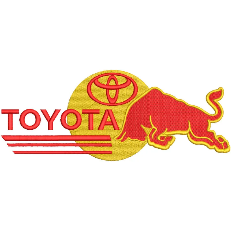 Embroidery design preview of a Toyota Red Bull logo pattern featuring detailed stitching and vibrant colors.