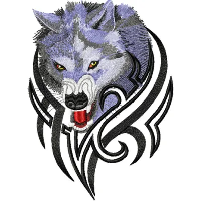 Tribal Wolf embroidery design showcasing intricate stitching patterns featuring a majestic wolf motif.