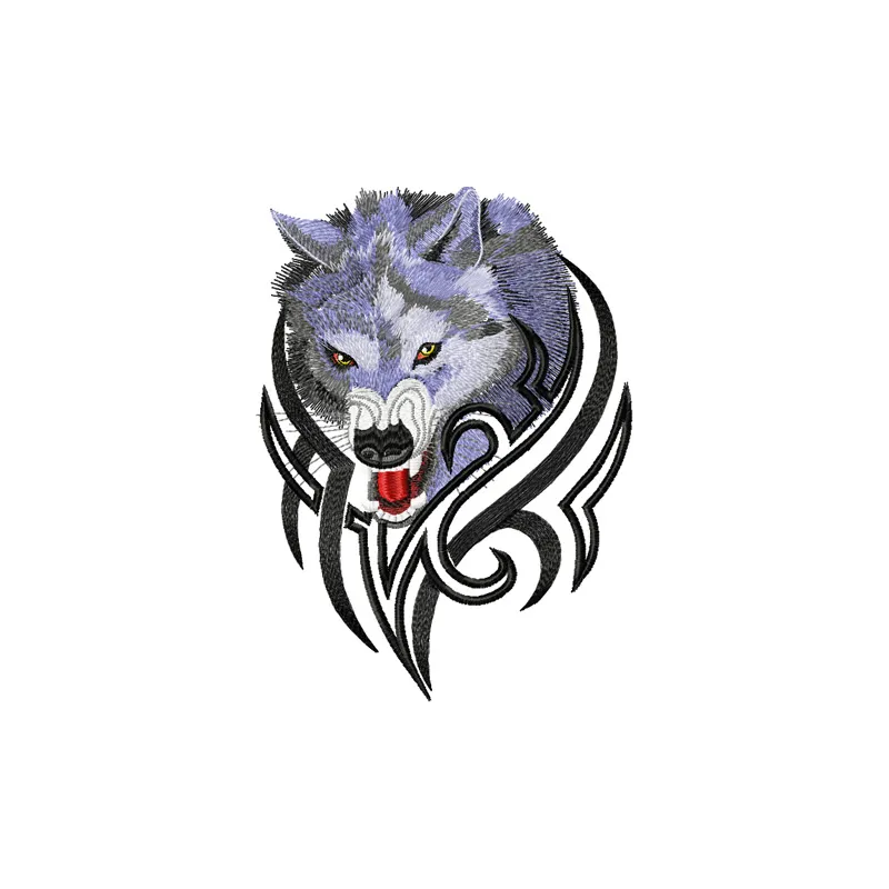Tribal Wolf embroidery design showcasing intricate stitching patterns featuring a majestic wolf motif.