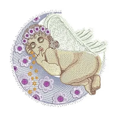 Preview of Sleeping Angel embroidery design featuring a serene angelic figure, perfect for various fabric projects.