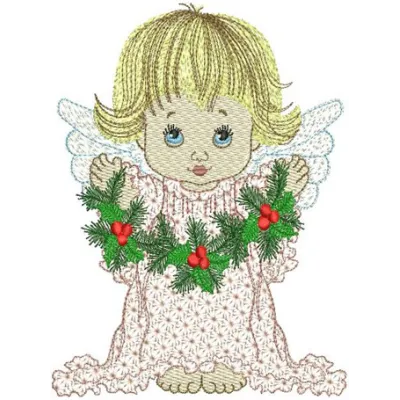 Angel with Christmas decorations embroidery design showcasing festive motifs for holiday projects.