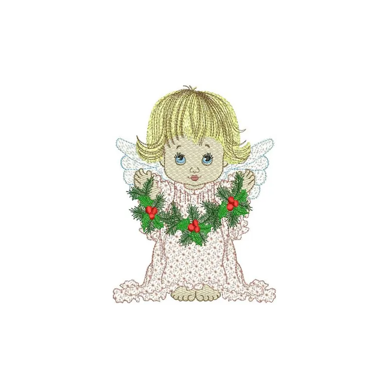 Angel with Christmas decorations embroidery design showcasing festive motifs for holiday projects.