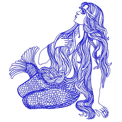 Mermaid embroidery design featuring a whimsical underwater scene, perfect for embellishing apparel and decor.