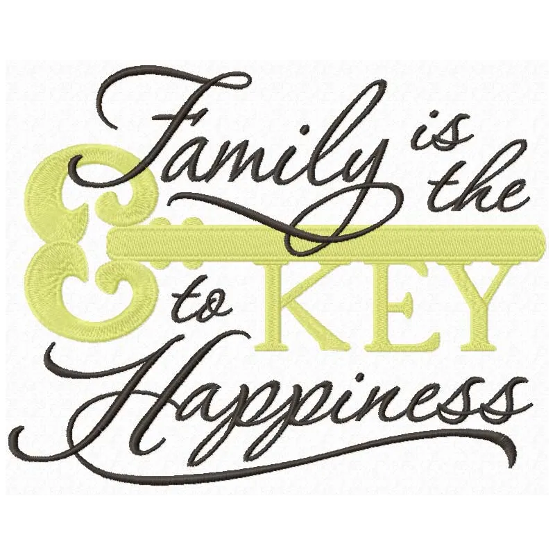 Preview of the 'Family is the Key to Happiness' embroidery design featuring a heartwarming quote for stitching on gifts.