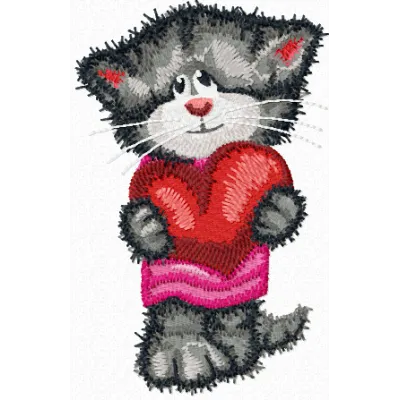 Cat with heart embroidery design showcasing a charming feline motif, perfect for adding a playful touch to various projects.