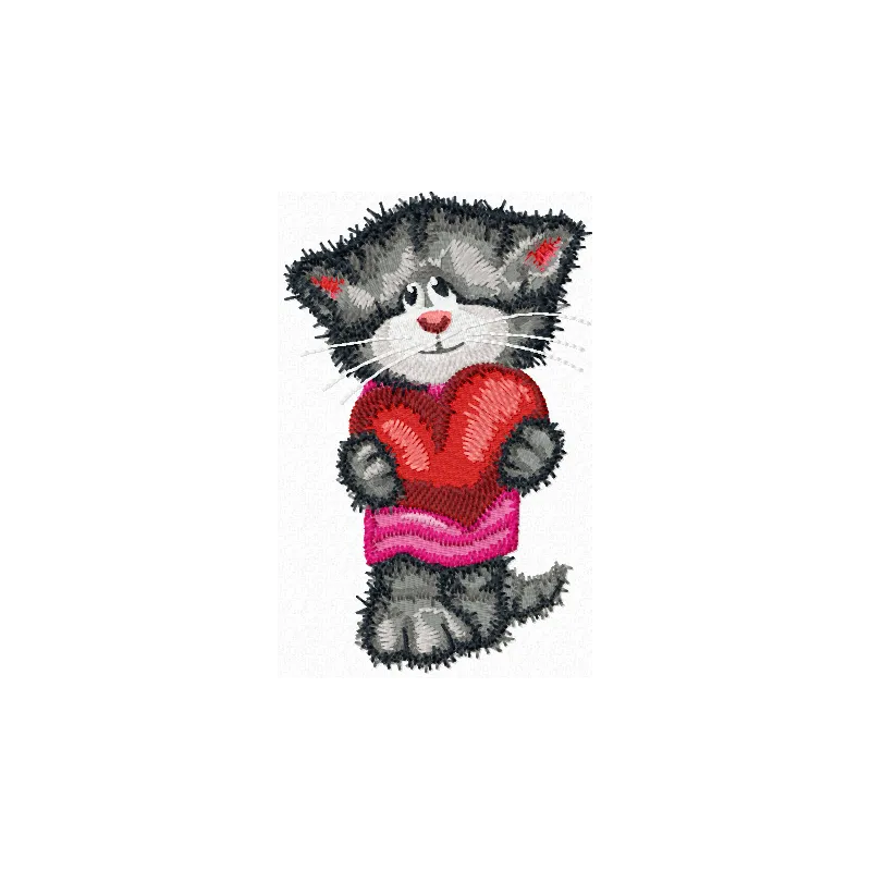 Cat with heart embroidery design showcasing a charming feline motif, perfect for adding a playful touch to various projects.