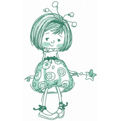 Upset girl fairy sketch embroidery design featuring delicate lines and whimsical details for creative stitching projects.