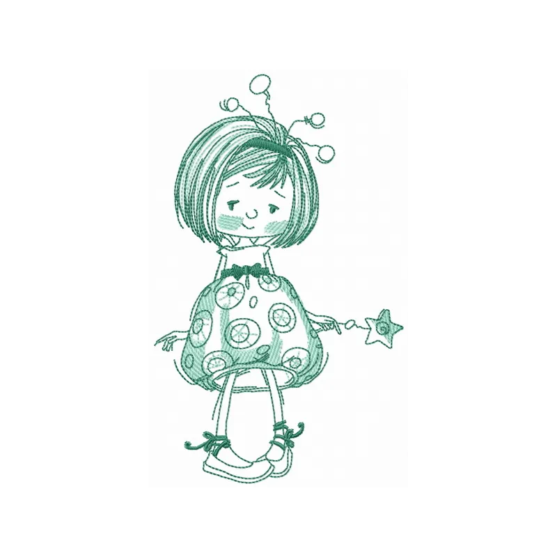 Upset girl fairy sketch embroidery design featuring delicate lines and whimsical details for creative stitching projects.