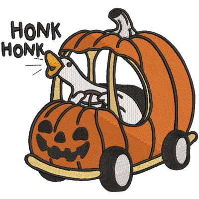 Preview of a cute Halloween goose embroidery design featuring vibrant colors and detailed stitching.