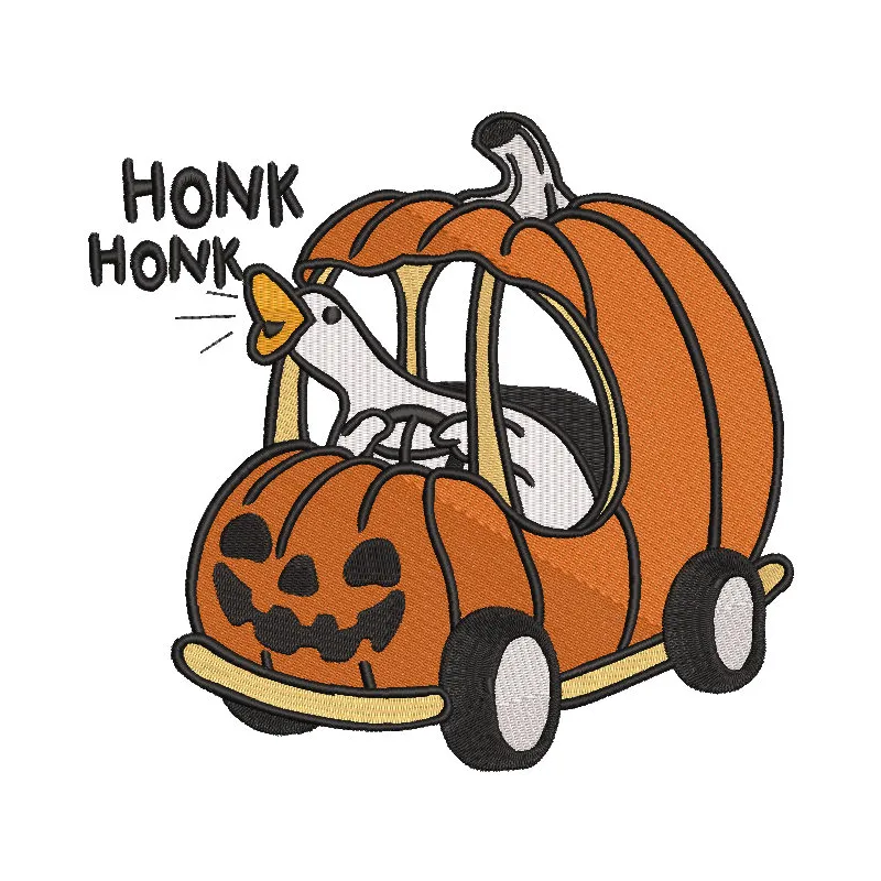 Preview of a cute Halloween goose embroidery design featuring vibrant colors and detailed stitching.