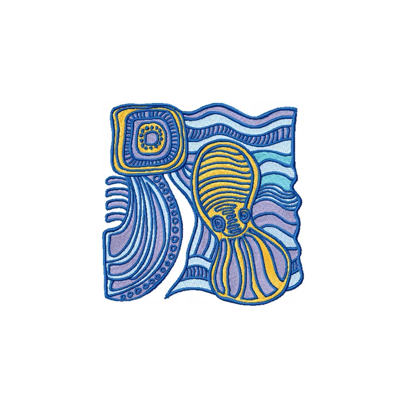Embroidery design of an octopus basking in the morning sun, part of the Legends of South Pacific collection.