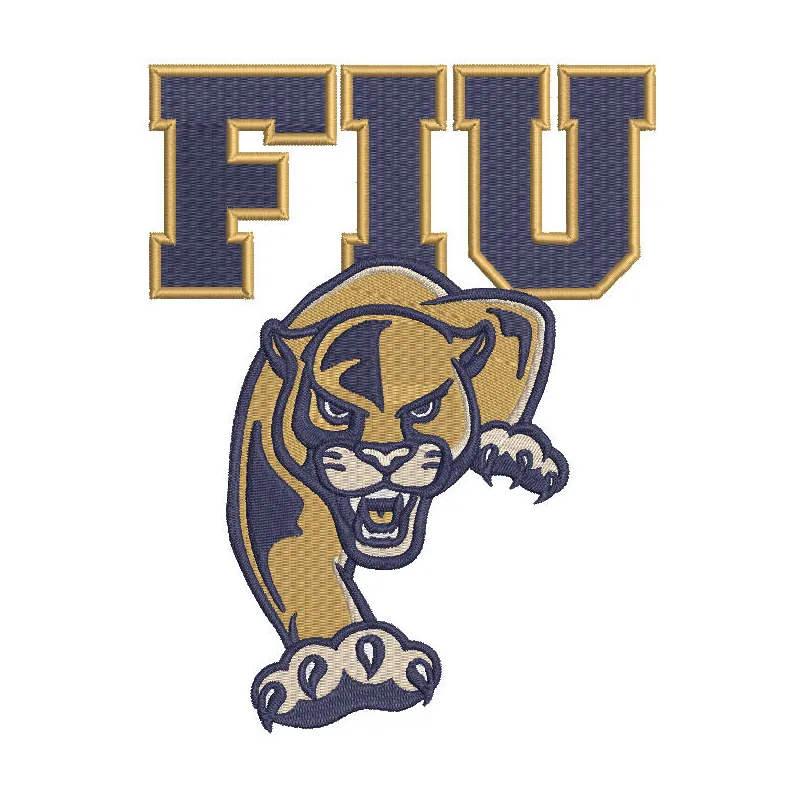 Embroidery design preview of the FIU Panthers primary logo featuring vibrant colors and detailed stitching.