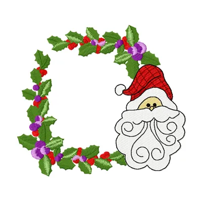Embroidery design featuring a festive Christmas border with a jolly Santa face, perfect for holiday projects.