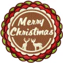 Merry Christmas round label embroidery design featuring festive elements for holiday stitching projects.