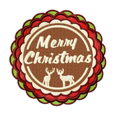 Merry Christmas round label embroidery design featuring festive elements for holiday stitching projects.