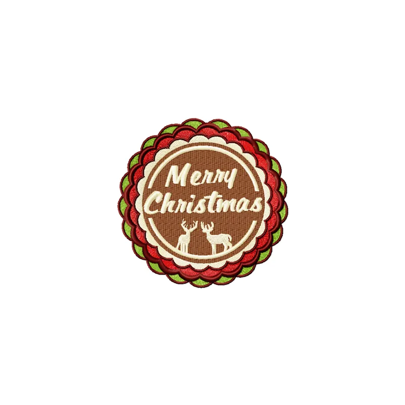 Merry Christmas round label embroidery design featuring festive elements for holiday stitching projects.
