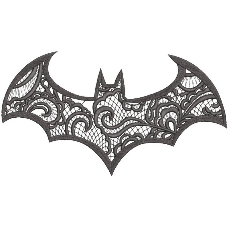Preview of a Batman lace effect embroidery design showcasing intricate details and vibrant stitching.