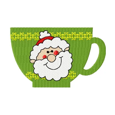 Embroidery design featuring a festive cup of tea with Santa Claus elements, perfect for holiday stitching projects.