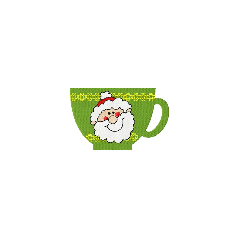 Embroidery design featuring a festive cup of tea with Santa Claus elements, perfect for holiday stitching projects.