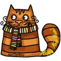 Embroidery design featuring a festive cat wearing a scarf, perfect for holiday projects and gifts.