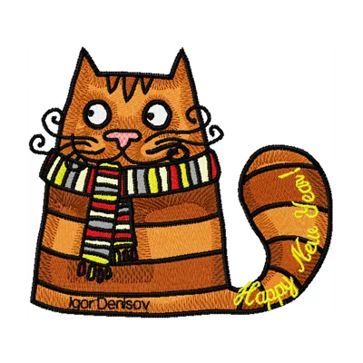 Embroidery design featuring a festive cat wearing a scarf, perfect for holiday projects and gifts.