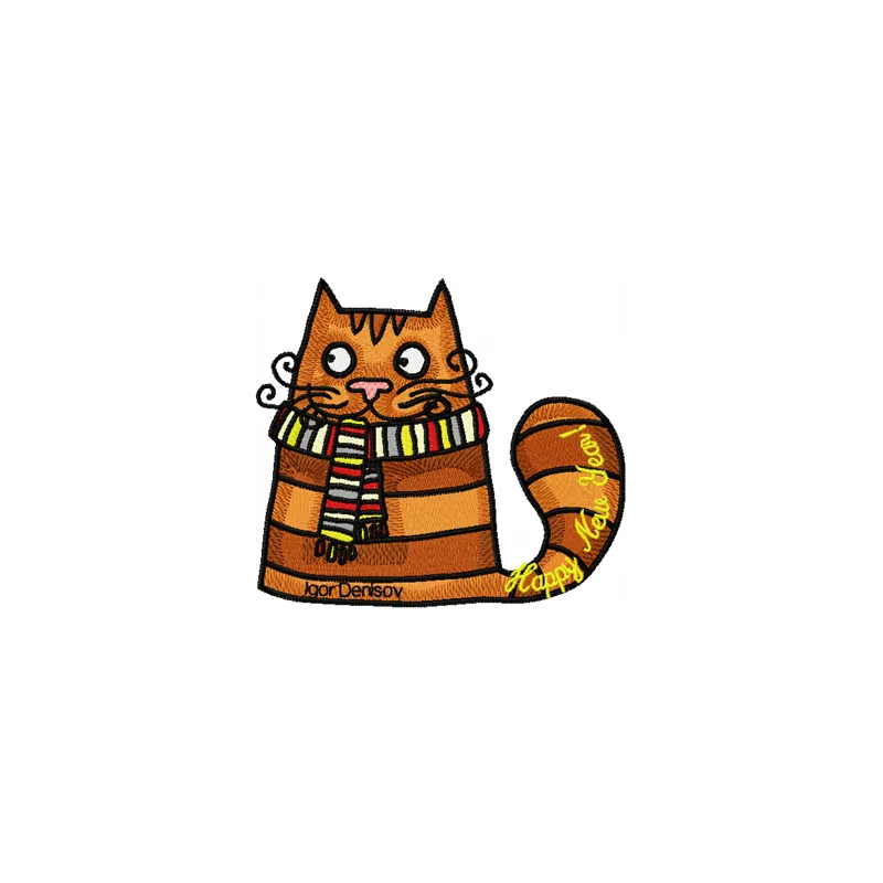 Embroidery design featuring a festive cat wearing a scarf, perfect for holiday projects and gifts.