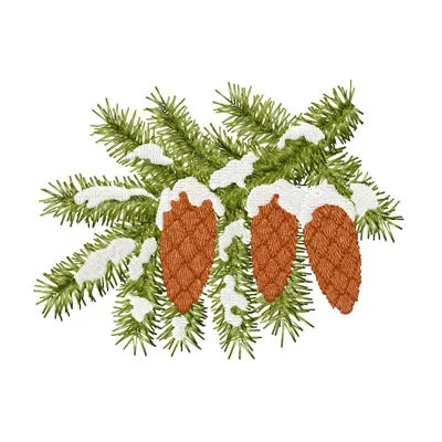 Preview of a fir cones on a branch embroidery design, showcasing intricate details perfect for holiday projects.