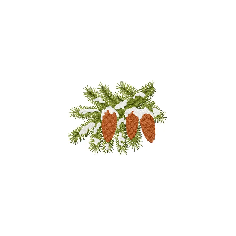 Preview of a fir cones on a branch embroidery design, showcasing intricate details perfect for holiday projects.