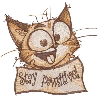Stay pawsitive embroidery design preview featuring a playful cat motif with vibrant colors and clean edges.