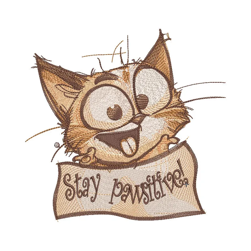 Stay pawsitive embroidery design preview featuring a playful cat motif with vibrant colors and clean edges.