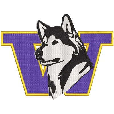 Washington Huskies logo embroidery design preview showcasing vibrant colors and detailed stitching pattern.