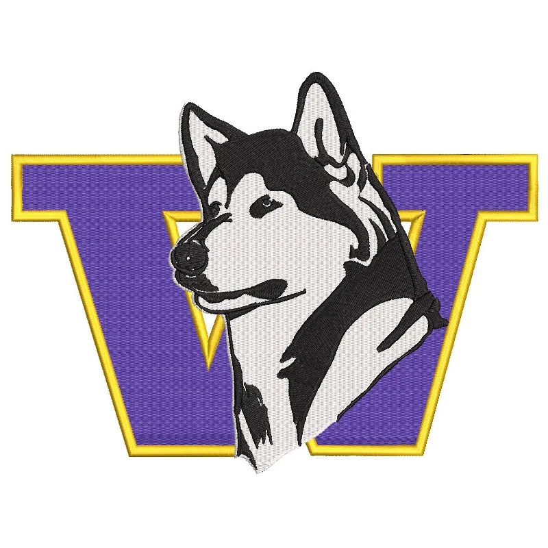 Washington Huskies logo embroidery design preview showcasing vibrant colors and detailed stitching pattern.
