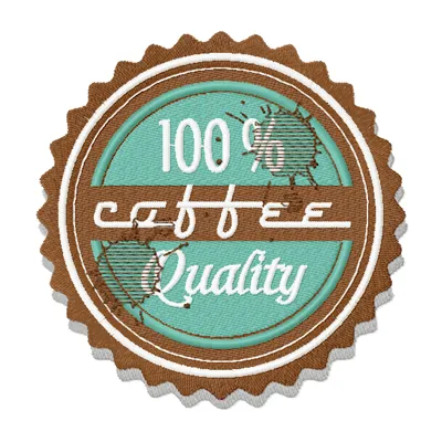 Coffee label with spots embroidery design showcasing a unique stitching pattern for beverage-themed projects.