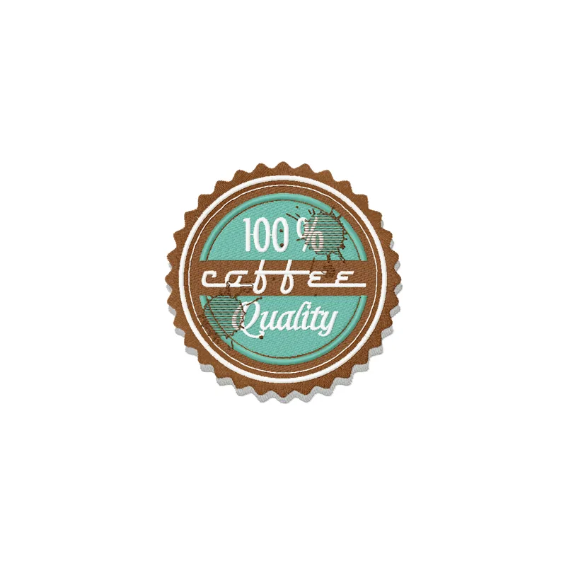 Coffee label with spots embroidery design showcasing a unique stitching pattern for beverage-themed projects.