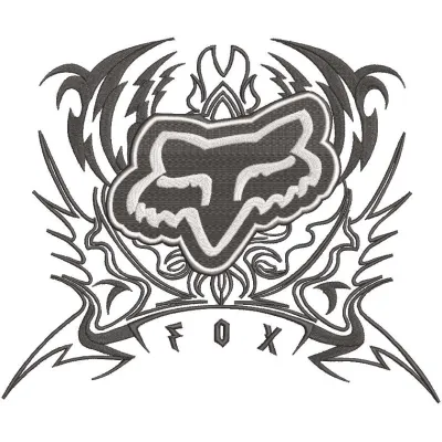 Fox Racing tribal logo embroidery design preview showcasing intricate details and vibrant colors.