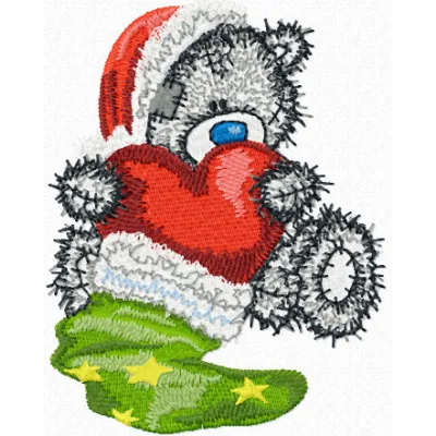 Teddy bear Christmas gift embroidery design featuring a red heart, ideal for festive stitching projects.