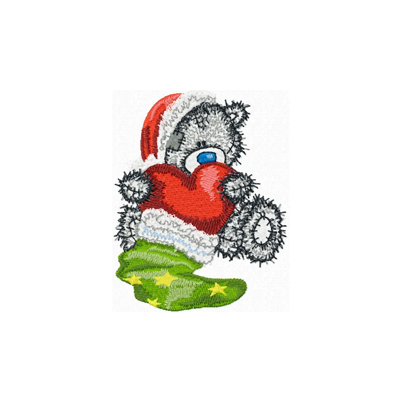 Teddy bear Christmas gift embroidery design featuring a red heart, ideal for festive stitching projects.