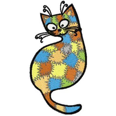 Patches Kitty embroidery design featuring a playful cat motif, ideal for embellishing t-shirts and tote bags.