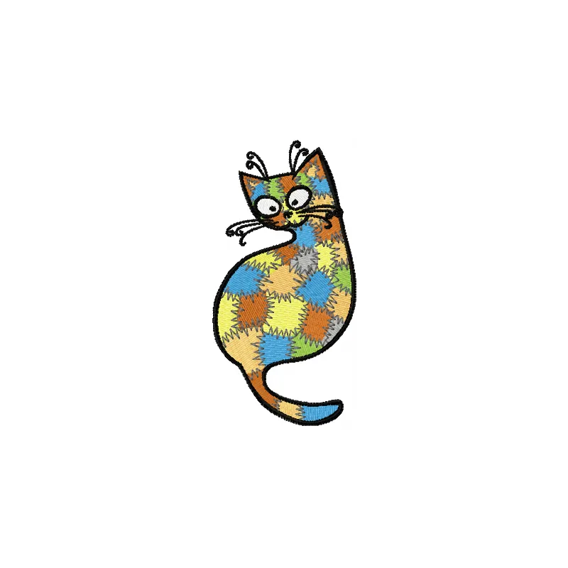 Patches Kitty embroidery design featuring a playful cat motif, ideal for embellishing t-shirts and tote bags.
