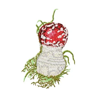 Amanita muscaria small mushroom embroidery design preview, showcasing vibrant colors and intricate stitching details.